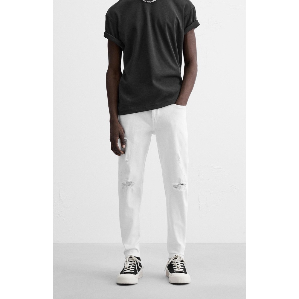 ZARA Men's Ripped Skinny Fit 5-Pocket Jeans White 30X25 Short Denim Button‎ Fly*